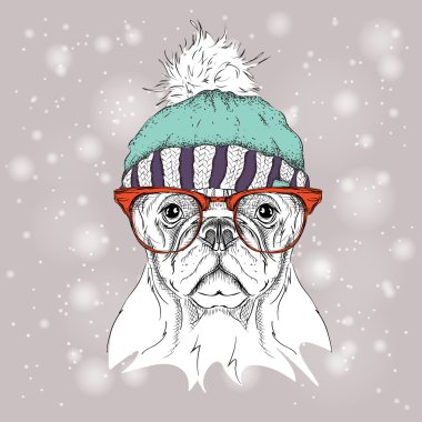 Noel poster kış şapka görüntü köpek portre ile. Vektör çizim.