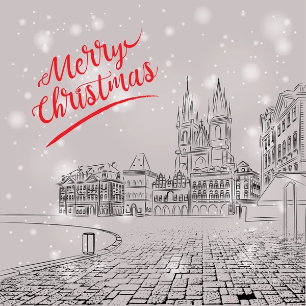 Biglietto di Natale. Schizzo vintage del paesaggio urbano. La città vecchia di Praga. Illustrazione vettoriale — Vettoriale Stock