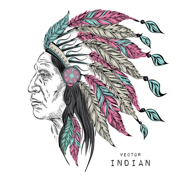 Pria di kepala suku Indian asli Amerika. Kecoa hitam. Bulu hiasan kepala elang. Ilustrasi vektor gambar tangan - Stok Vektor