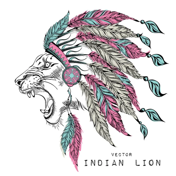 León en la cucaracha india de color. tocado de plumas de águila — Vector de stock