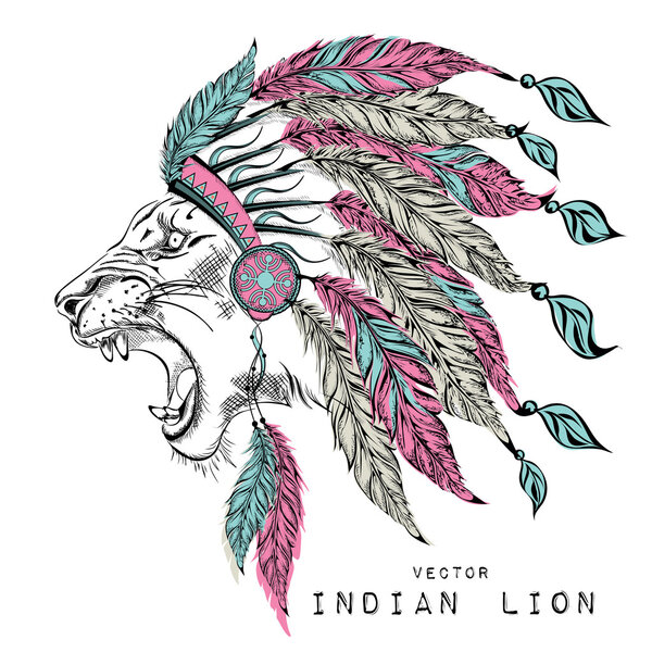 Lion in the colored Indian roach. feather headdress of eagle