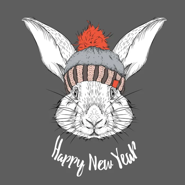 Il poster natalizio con l'immagine ritratto di coniglio in cappello invernale. Illustrazione vettoriale . — Vettoriale Stock