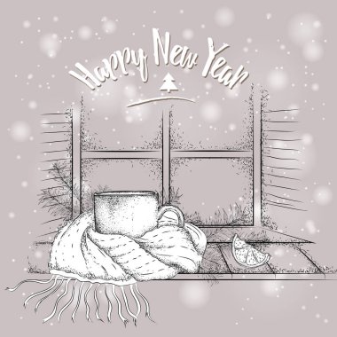 Noel kartı. Vintage kroki bir pencere bir eşarp ve Ladin dallarında oturan Kupası. Noel kar arka camda. Vektör çizim