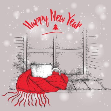 Noel kartı. Vintage kroki bir pencere bir eşarp ve Ladin dallarında oturan Kupası. Noel kar arka camda. Vektör çizim