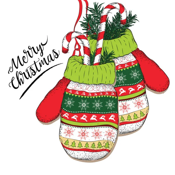 Пофарбовані рукавички. Веселого різдвяного дизайну листівок. Векторні ілюстрації — стоковий вектор