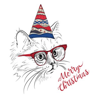 El kutlama bir kap içinde kedi çizin. Neşeli Noel kartı tasarım. Vektör çizim