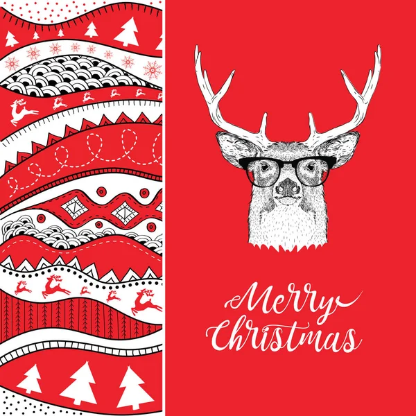 Різдвяна листівка з оленями в зимовому капелюсі. Різдвяний мальований етно-візерунок, племінний фон. Векторні ілюстрації — стоковий вектор