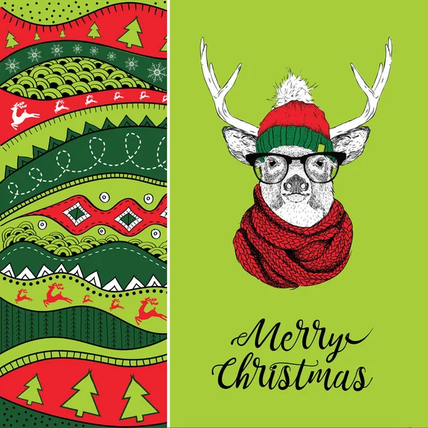 Kartki świąteczne z jelenia w Czapka zimowa. Boże Narodzenie ręcznie rysowane ethno wzór, tło plemiennych. Ilustracja wektorowa — Wektor stockowy