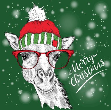 Christmas card with giraffe in winter hat. Merry Christmas lettering design. Vector illustration clipart
