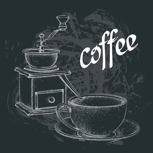 Vintage vektoros illusztráció. Kávédaráló. Egy csésze kávé, egy kanál — Stock Vector