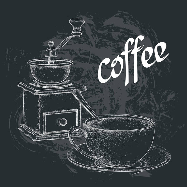 Vintage vector illustration. Coffee grinder. A cup of coffee with a spoon