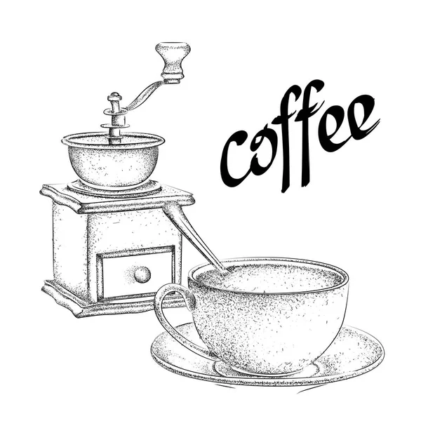 Vintage vektör çizim. Kahve öğütücü. Bir fincan kahve bir kaşık ile — Stok Vektör