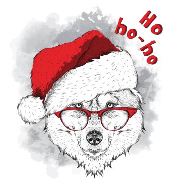 Noel Baba'nın şapkalı görüntü husky portre ile Noel poster. El çizmek vektör çizim.