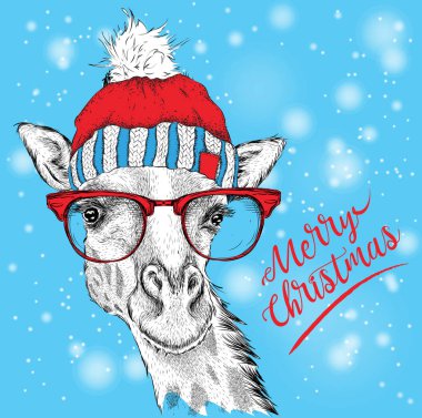 Kış şapkalı zürafa ile Noel kartı. Tasarım yazı mutlu Noeller. Kış şapkalı zürafa ile vektör illustrationchristmas kartı. Tasarım yazı mutlu Noeller. Vektör çizim