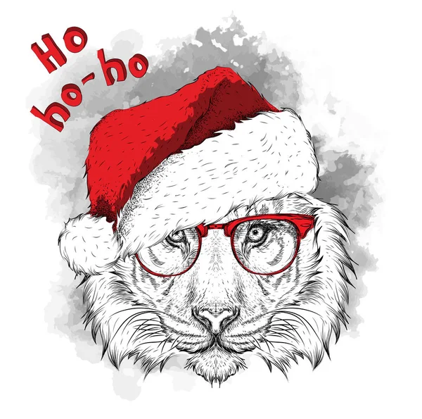 De Kerstaffiche met de afbeelding tigr portret in de KERSTMUTS. Hand loting vectorillustratie. — Stockvector