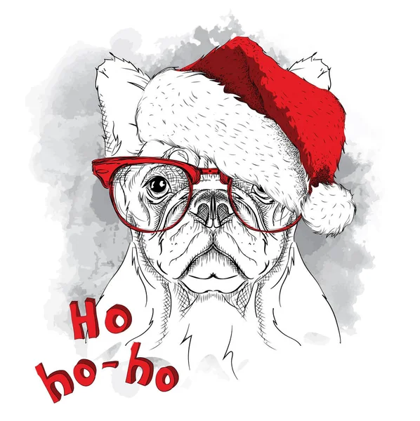 De Kerstaffiche met het beeld hond portret in de KERSTMUTS. Vectorillustratie. — Stockvector