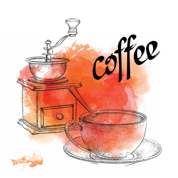 Vintage vector illustration. Coffee grinder. A cup of coffee with a spoo on Abstract Background with Watercolor Stains — Stock Vector