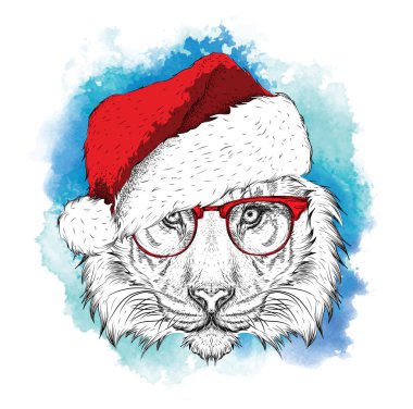 Sunni Noel poster hip-hop şapkalı thetiger portre ile. Vektör çizim. Suluboya ile arka plan lekeleri