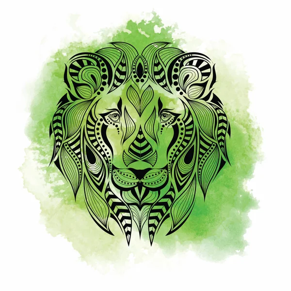 Cabeza de color modelado del león. Africano, indio, tótem, diseño de tatuaje. Se puede utilizar para el diseño de una camiseta, bolso, postal y póster. Fondo abstracto con manchas de acuarela, diseño vectorial — Vector de stock