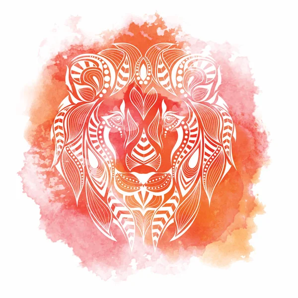 Patterned colored head of the lion. African, indian, totem, tattoo design. It may be used for design of a t-shirt, bag, postcard and poster. Abstract Background with Watercolor Stains, Vector Design — Stock Vector