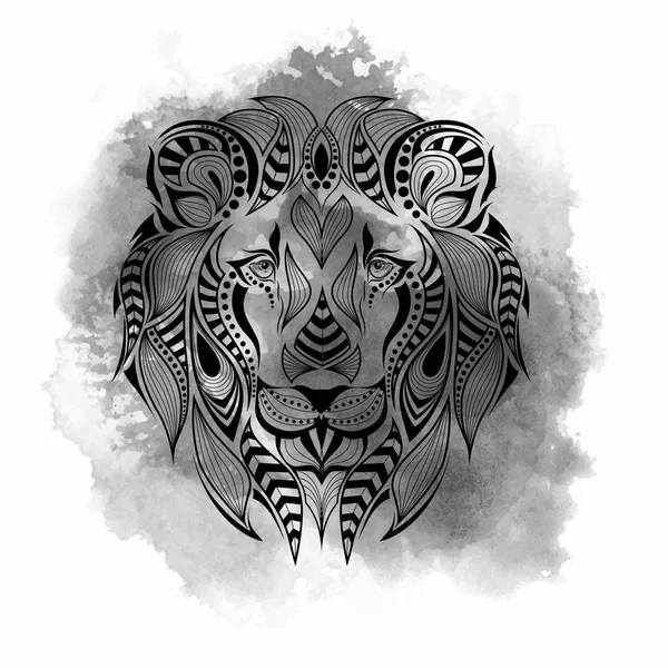 Mönstrad färgade chef för lejonet. Afrikanska, indiska, totem, tatuering design. Det kan användas för utformning av en t-shirt, väska, affisch och vykort. Abstrakt bakgrund med akvarell fläckar, vektor Design — Stock vektor