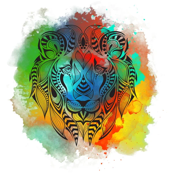 Patterned colored head of the lion. African, indian, totem, tattoo design. It may be used for design of a t-shirt, bag, postcard and poster. Abstract Background with Watercolor Stains, Vector Design — Stock Vector