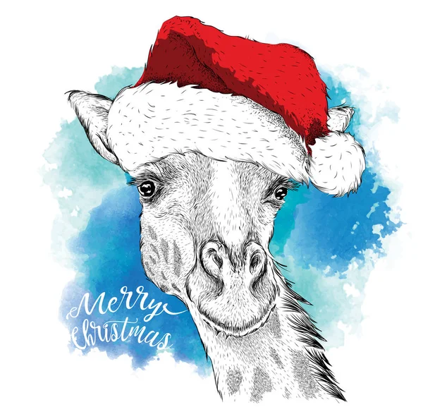 Noel Baba'nın şapkalı zürafa portre görüntü ile Noel poster. Vektör çizim. Suluboya ile arka plan lekeleri