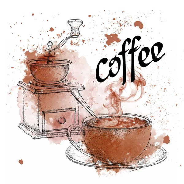 Vintage vector illustration. Coffee grinder. A cup of coffee with a spoon on Abstract Background with Watercolor — Stock Vector