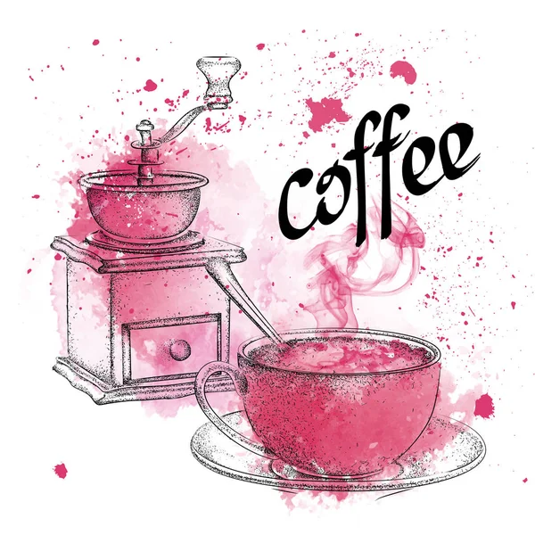 Vintage vector illustration. Coffee grinder. A cup of coffee with a spoon on Abstract Background with Watercolor — Stock Vector
