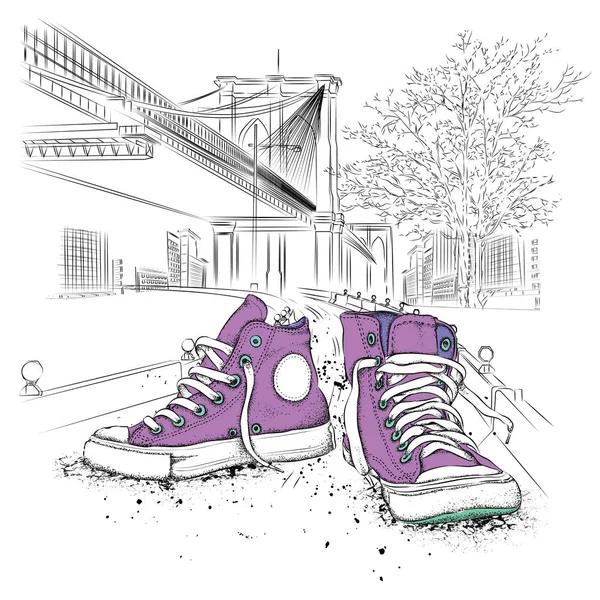 Zapatillas de deporte dibujadas a mano sobre fondo. Ejecutar Concepto. Nueva York ilustración vectorial dibujado a mano — Vector de stock