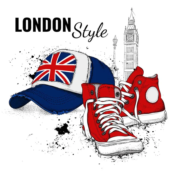 Hand drawn Vector sneakers and cap. London background. Vector illustration — Stock Vector