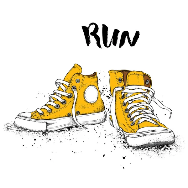 Hand drawn sneakers on white background. Run Concept. Vector illustration — Stock Vector