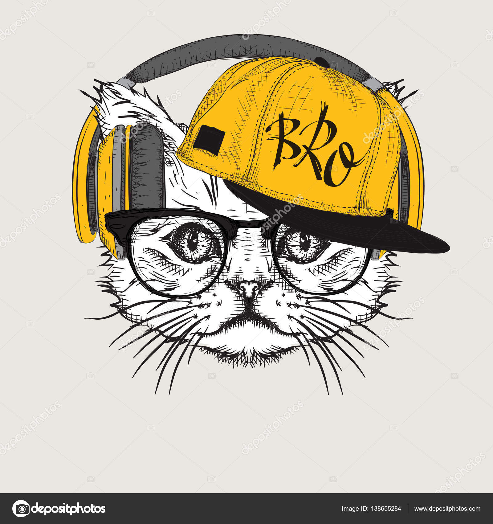 Image vectorielle L'image du chat dans les lunettes, écouteurs et