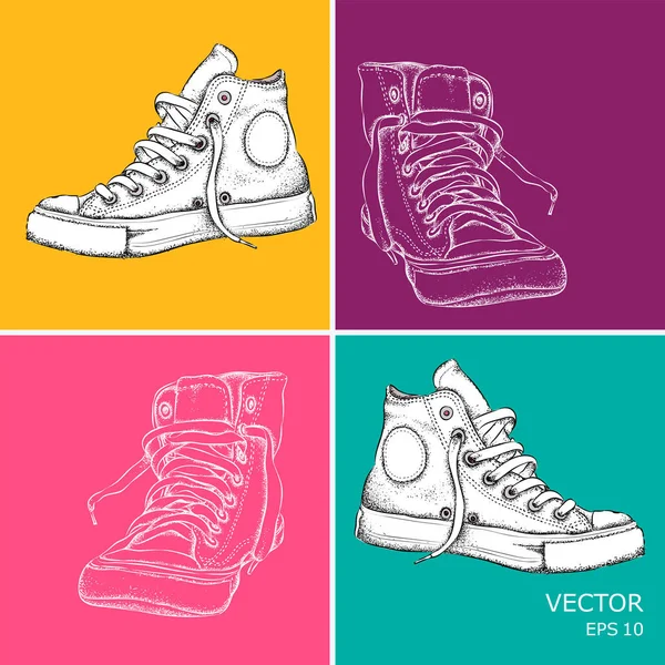 Zapatillas vintage dibujadas a mano. Arte pop estilo vector ilustración . — Archivo Imágenes Vectoriales