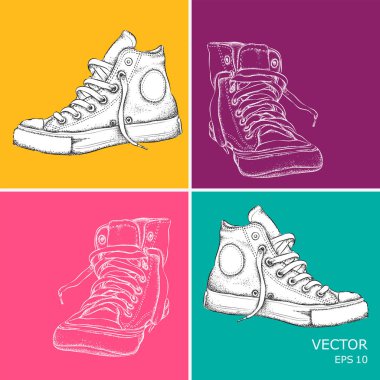Vintage spor ayakkabı çizilmiş. Pop art stil vektör çizim.