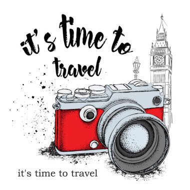 El arka plan üzerinde çizilmiş vintage kamera. Kavram çalıştırın. Londra, Big Ben. Vektör çizim