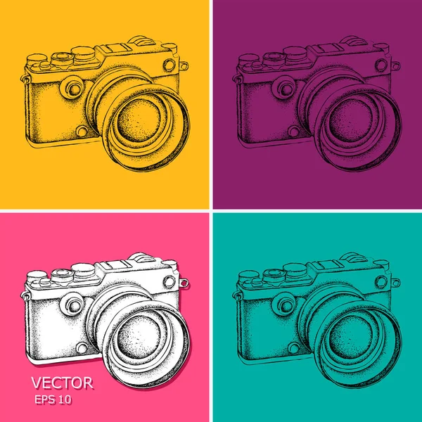 Vintage fotoğraf makinesi çizilmiş. Pop art stil vektör çizim.