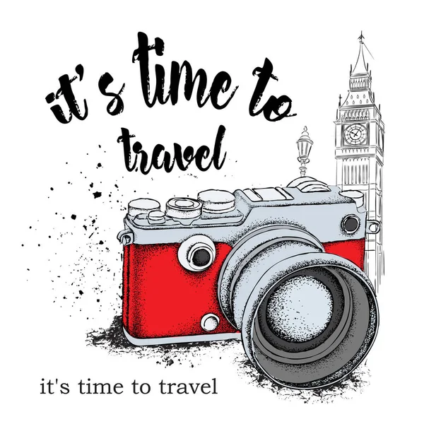 El arka plan üzerinde çizilmiş vintage kamera. Kavram çalıştırın. Londra, Big Ben. Vektör çizim