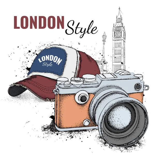 Hand getekende GLB en vintage camera op achtergrond. Concept worden uitgevoerd. Londen, de Big Ben. Vectorillustratie — Stockvector