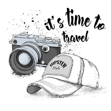 Elle çizilmiş kap ve arka plan üzerinde vintage fotoğraf makinesi. Kavram seyahat etmek zamanı. Vektör çizim
