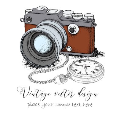 Elle çizilmiş vintage kartpostal. Fotoğraf makinesi üzerinde bir chainon cep saati ile. Vektör çizim