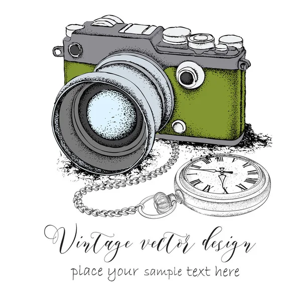 Hand getekende vintage briefkaart. Camera met zakhorloge op een chainon. Vectorillustratie — Stockvector