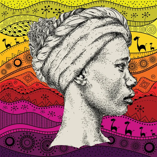 Dívka v turbanu s africkými rukou kreslit etno vzorem, kmenové pozadí. Krásná černá žena. Zobrazení profilu. Vektorové ilustrace — Stockový vektor