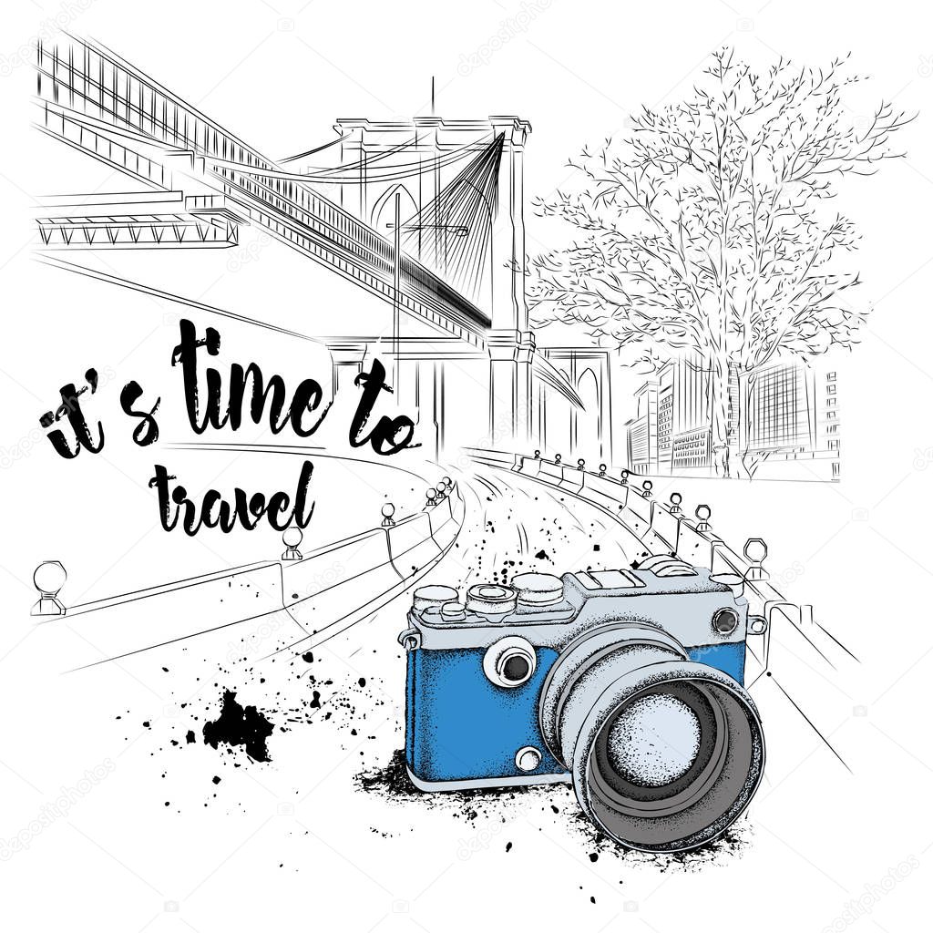Hand drawn vintage camera  on background. Brooklyn Concept. It's time to travel Concept.  Vector illustration