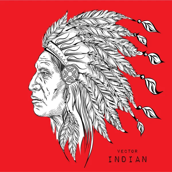 Hombre en el jefe indio nativo americano. Cucaracha negra. Tocado de plumas indias de águila. Dibujar a mano vector ilustración — Vector de stock