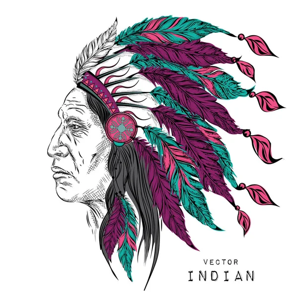 在本机的美国印第安酋长的人。黑蟑螂。印度羽毛头饰的鹰。手画矢量图 — 图库矢量图片