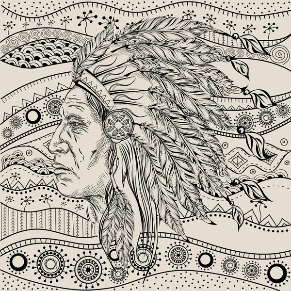 Hombre en el jefe indio nativo americano. Cucaracha negra. Tocado de plumas indias de águila. Dibujar a mano vector ilustración — Archivo Imágenes Vectoriales