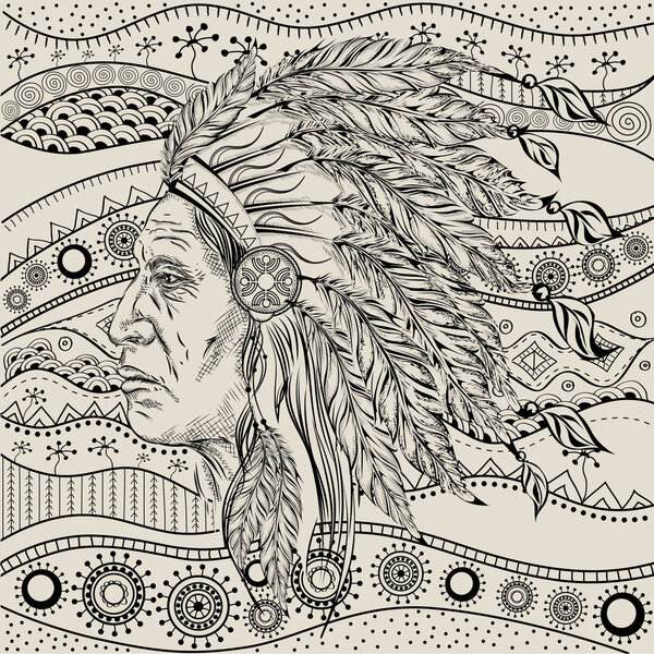 Man in the Native American Indian chief. Black roach. Indian feather headdress of eagle.  Hand draw vector illustration