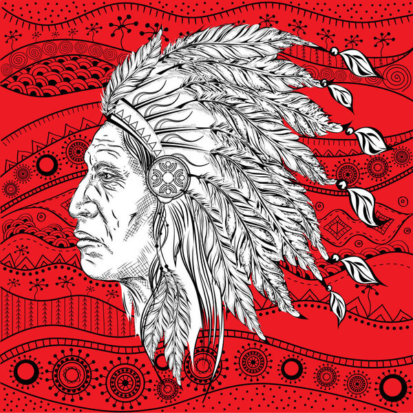 Man in the Native American Indian chief. Black roach. Indian feather headdress of eagle.  Hand draw vector illustration