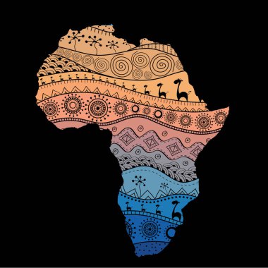 Afrika 'nın dokulu vektör haritası. Elle çizilmiş etnik model, kabile geçmişi. Vektör çizimi. Soyut Renkli Arkaplan